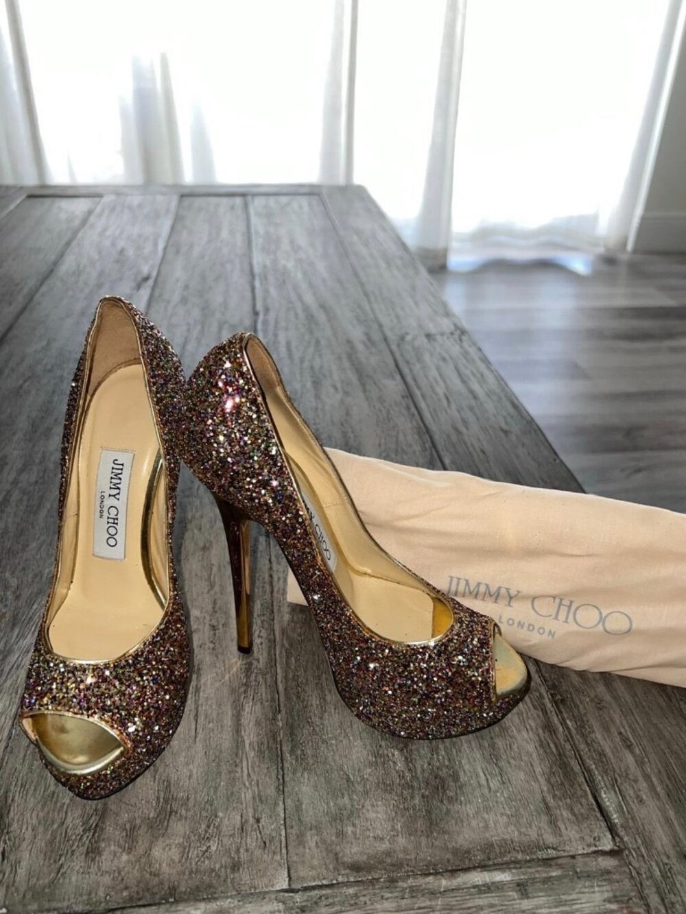 Jimmy Choo Glitter Platform Peep Toe Pumps EU 35/US 5